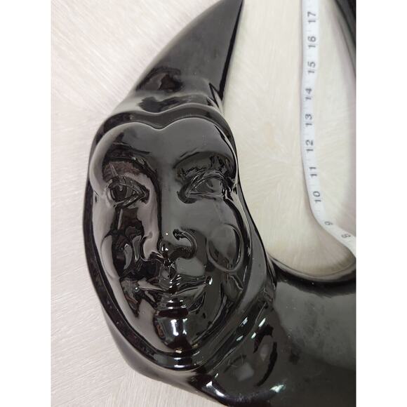 Vintage 80s Black Vase Black Ceramic Crescent Moon Shaped Vessel Pierrot Face - Picture 4 of 11